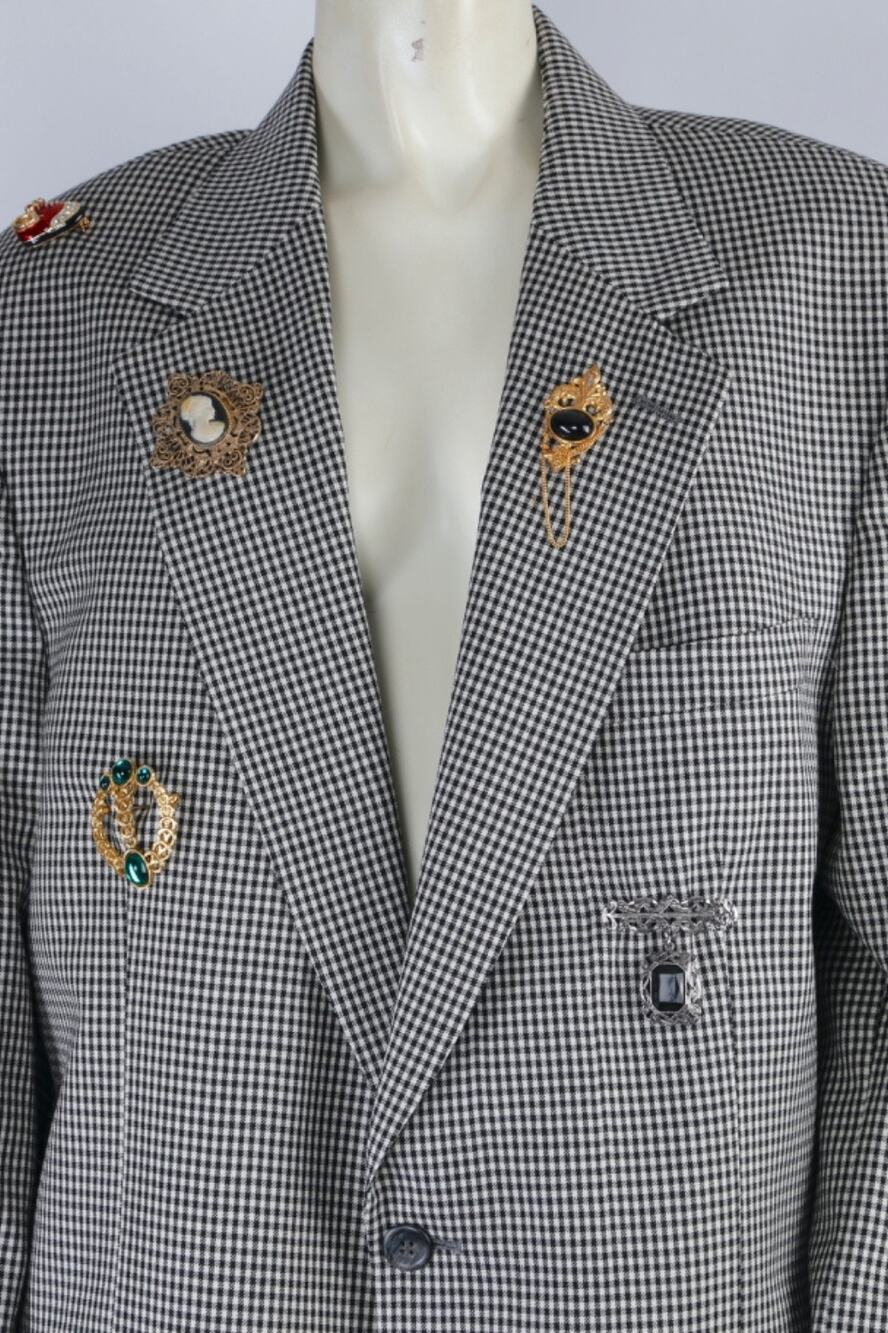 Vintage Oversized Houndstooth Wool Blazer Multi Cameo Crystal Brooches Size L
